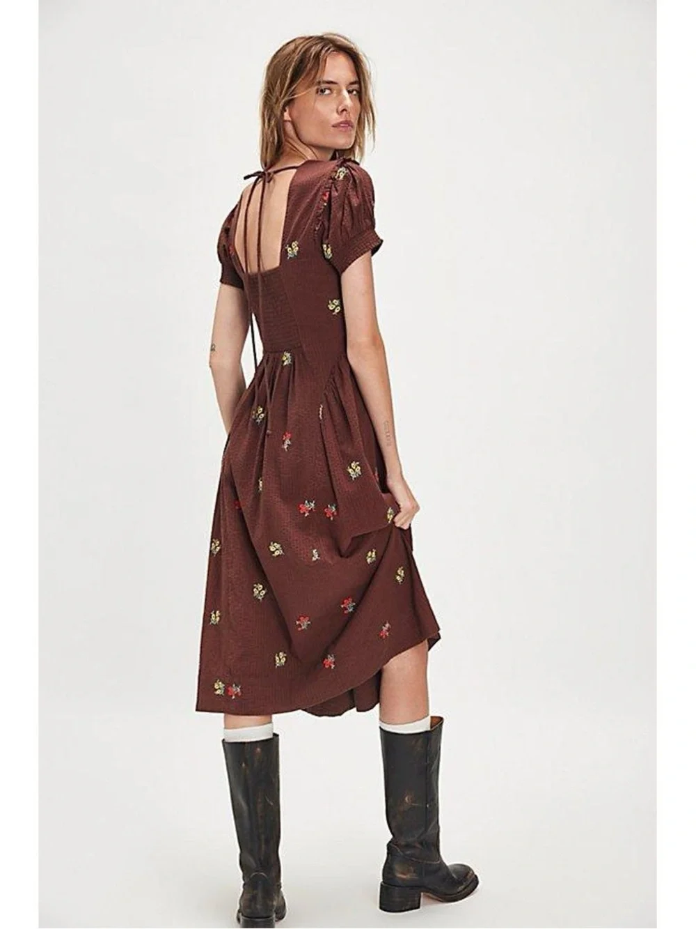 Free People Maisie Brown Floral Embroidered Midi Dress